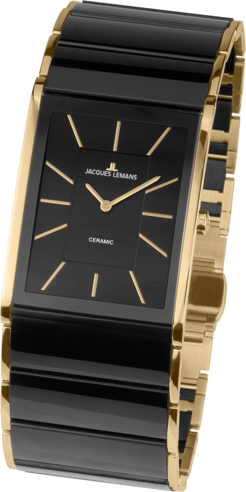 Schwarze und goldene rechteckige Armbanduhr mit glänzendem Armband und minimalistischem Zifferblatt