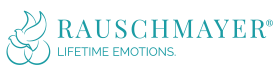 Rauschmayer-Logo mit türkisfarbenem Lotus-Symbol und dem Slogan „LIFETIME EMOTIONS“
