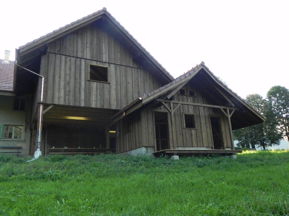 Inmitten einer grünen Wiese unter strahlend blauem Himmel steht ein Holzhaus mit einem grossen, scheunenartigen Anbau.
