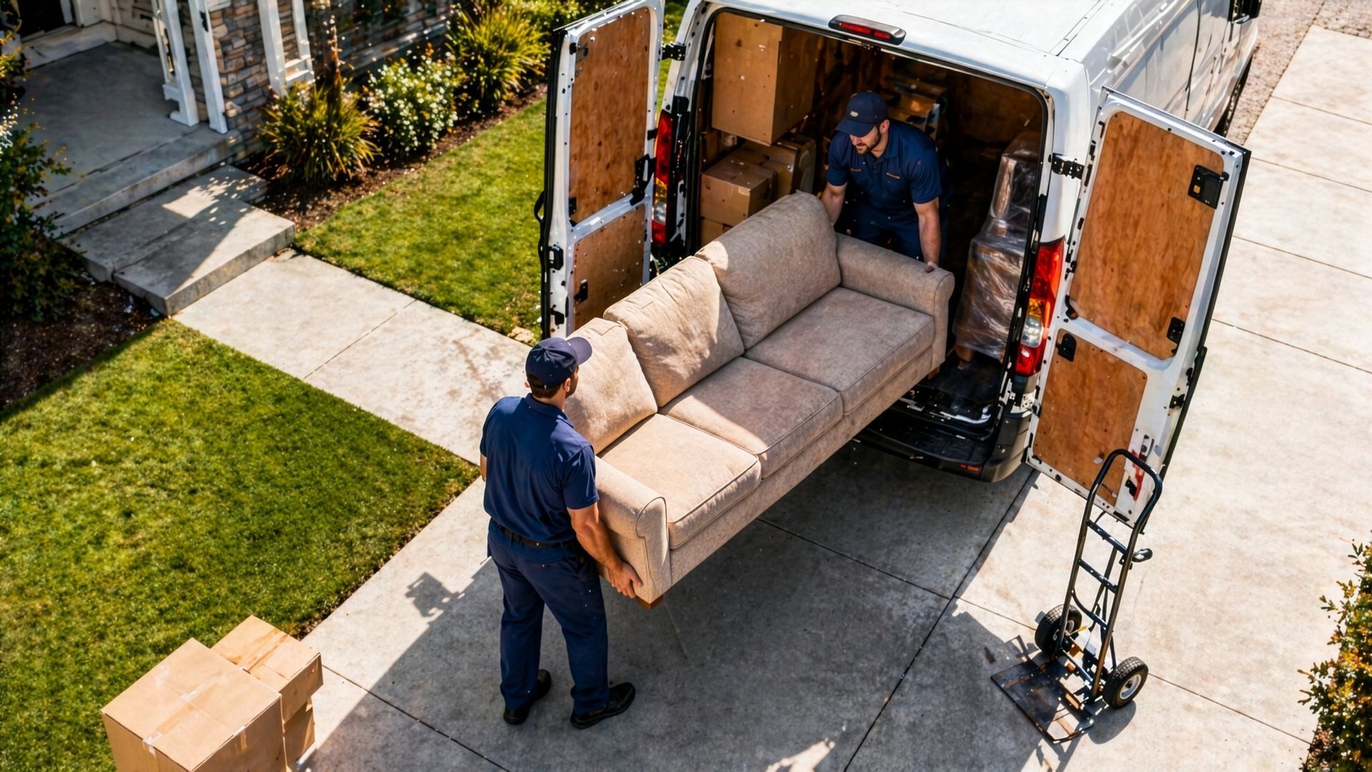 Deux déménageurs chargent un canapé beige dans un camion de déménagement devant un pavillon de banlieue.