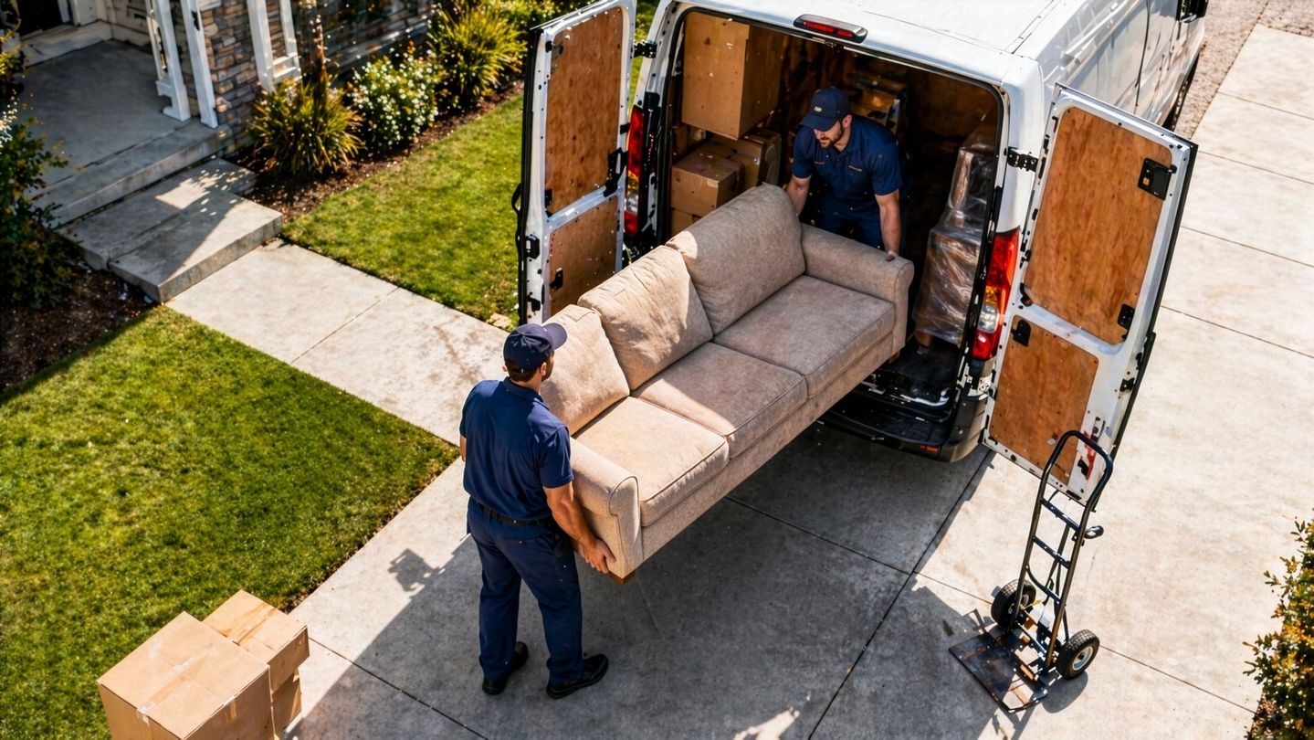 Deux déménageurs chargent un canapé beige dans un camion de déménagement devant une maison de banlieue.