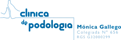 Logotipo de la clínica: «Clínica de podología» en azul con la ilustración de un pie. Incluye el nombre «Mónica Gallego» y otros detalles.