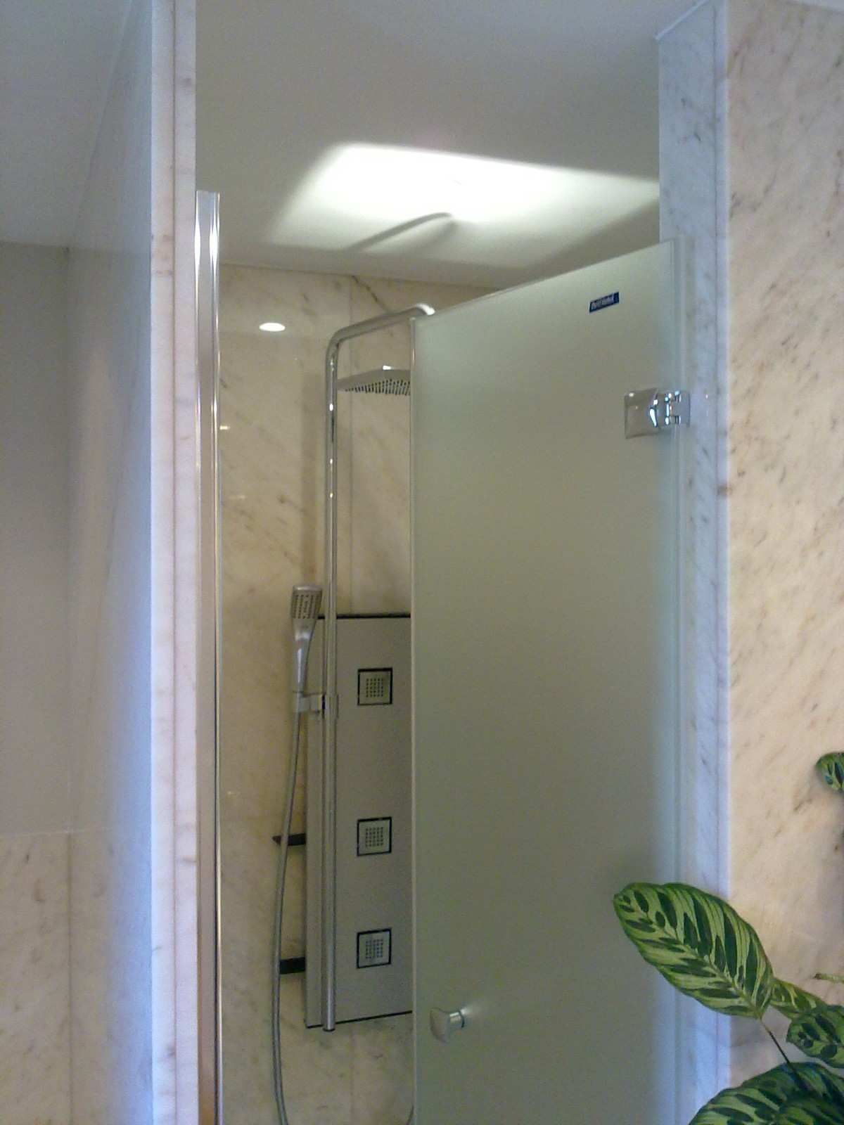 Cabina de baño con puerta parcialmente abierta y accesorios de ducha en una habitación alicatada.