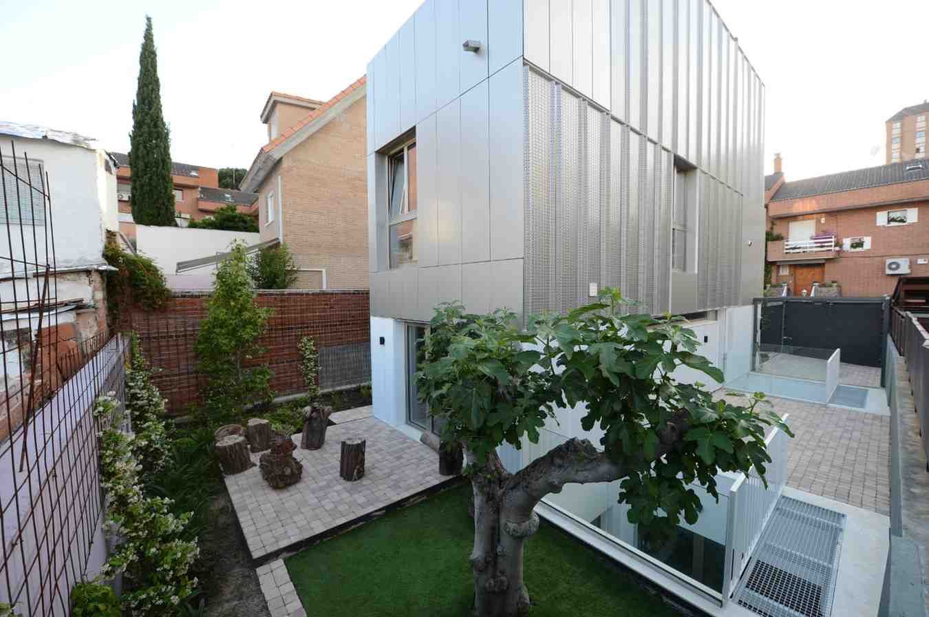 Patio trasero moderno con un pequeño jardín, un árbol, un patio y paredes de la casa revestidas de plata.
