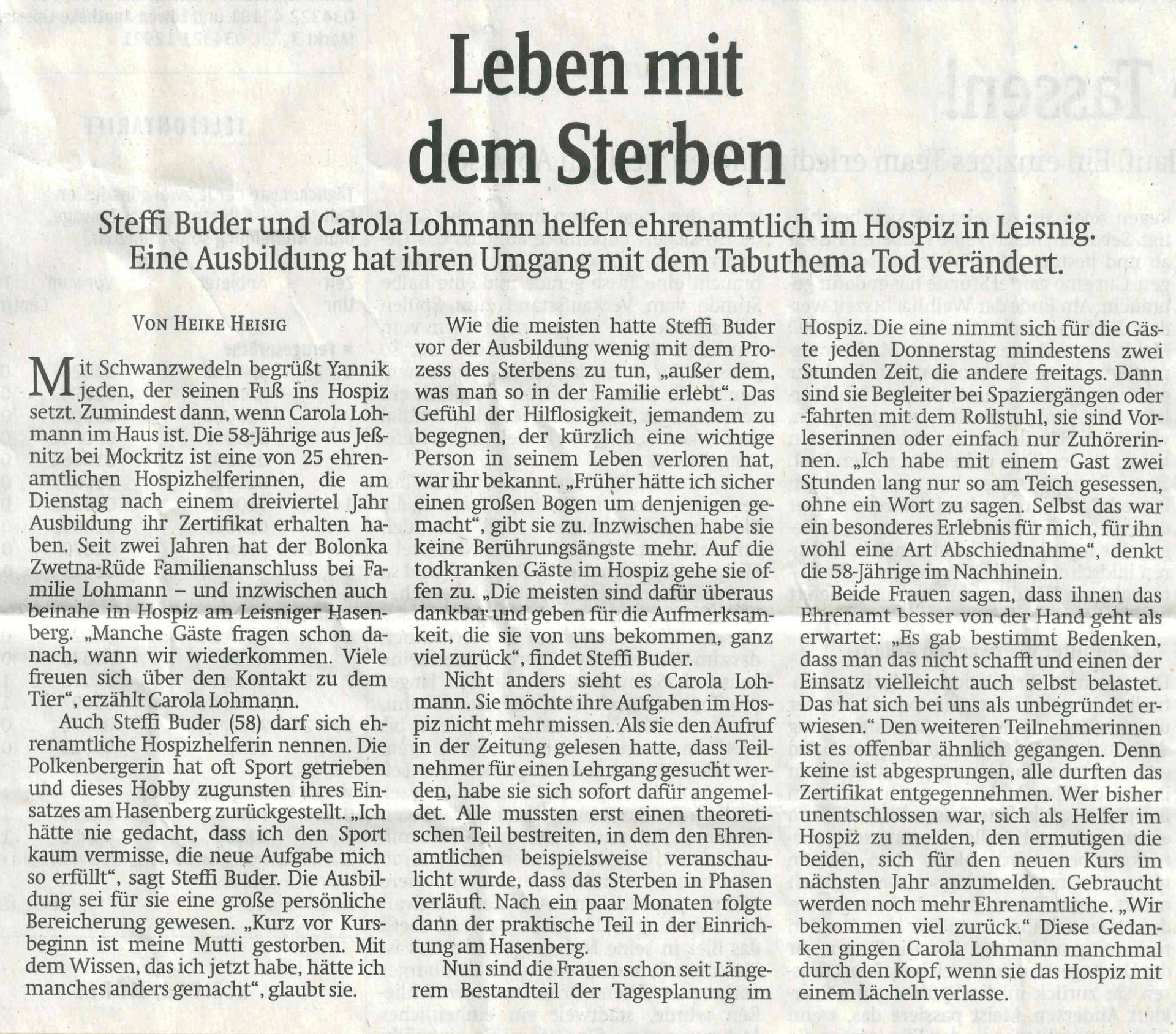 Pressebericht mit dem Titel: „Leben mit dem Sterben“ über zwei Hospizbegleiterinnen.