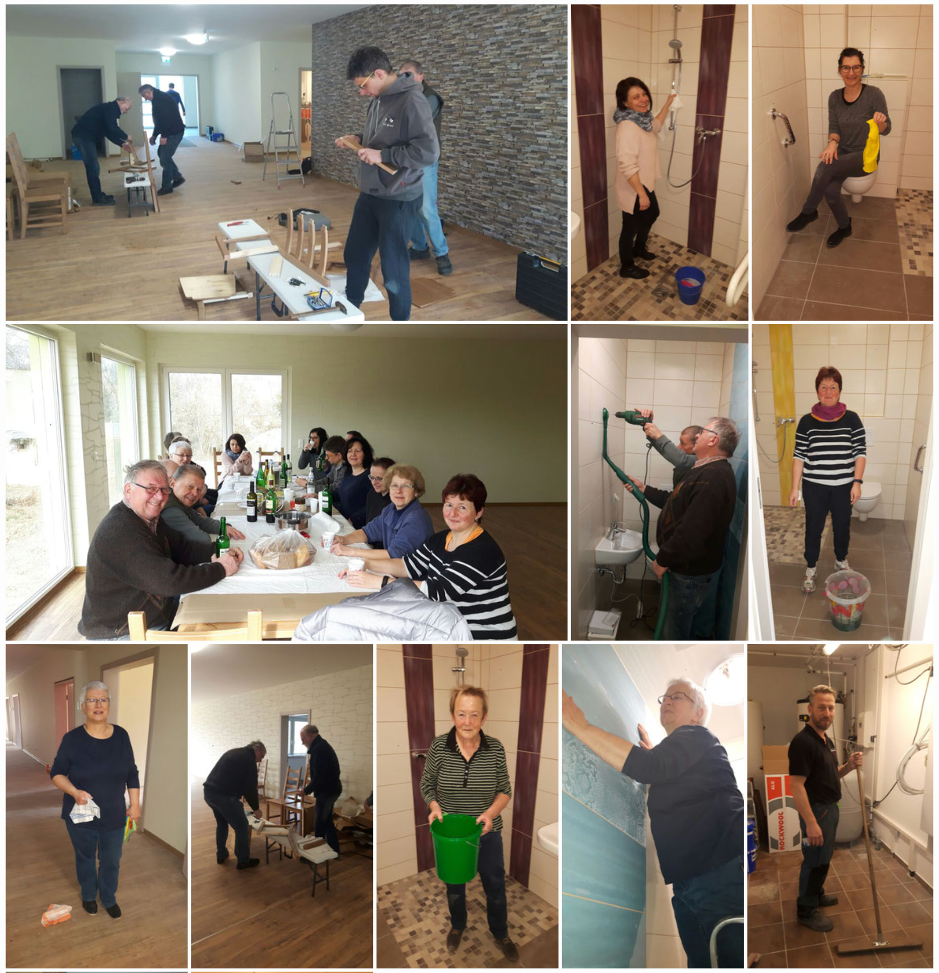 Eine Collage von Menschen, die einen Raum renovieren, darunter Fliesenlegen, Putzen, Bohren und gemeinsam Essen.