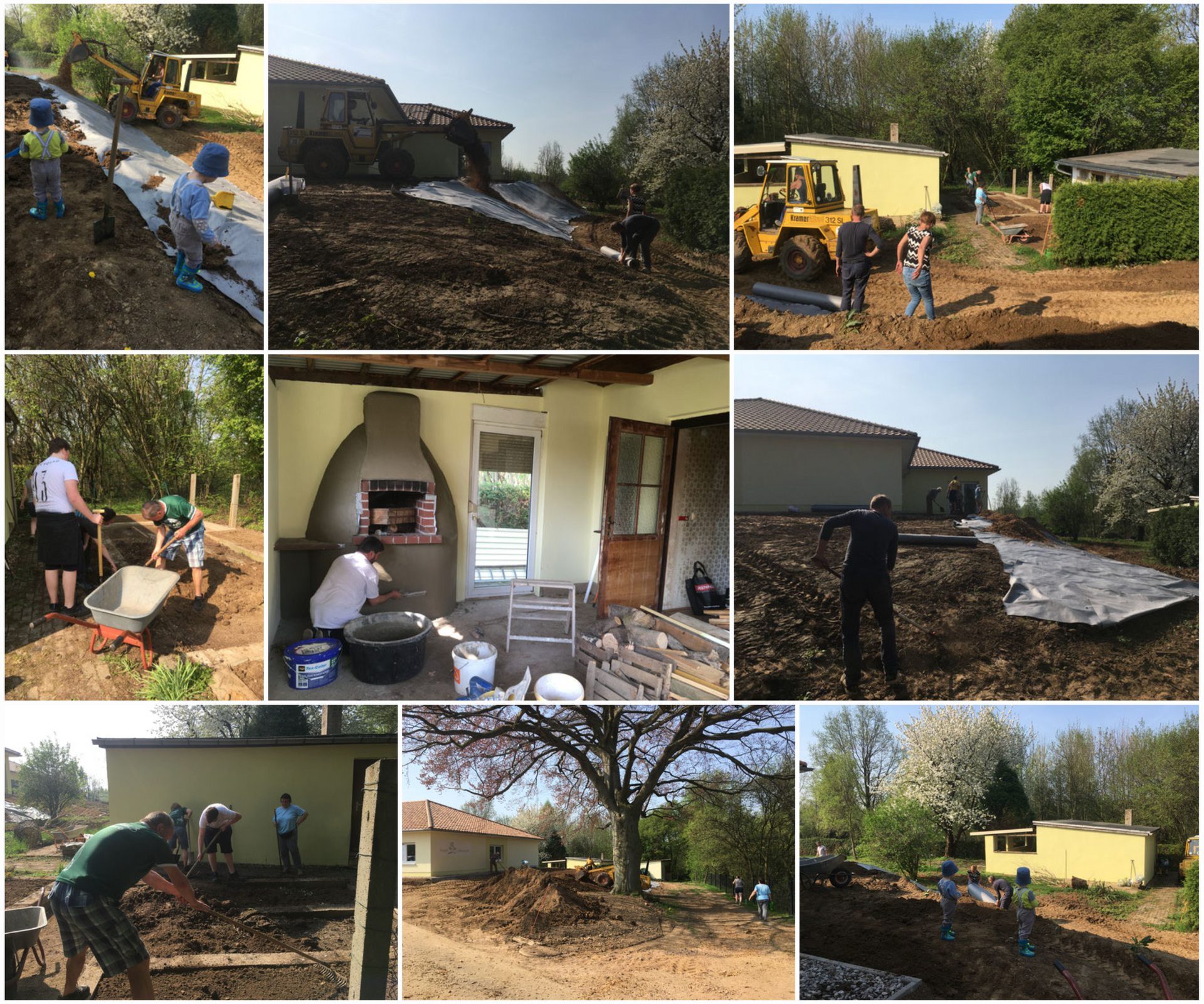 Eine Collage, die eine Gruppe von Menschen bei Gartenarbeiten, Bauarbeiten und Arbeiten in Innenräumen zeigt.