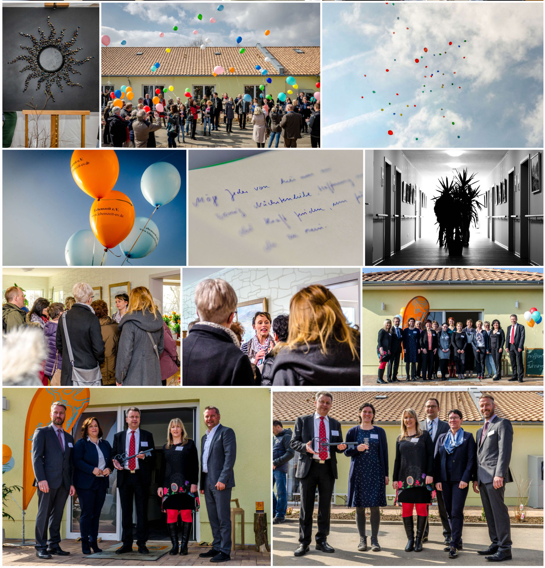 Eine Collage, die die feierliche Eröffnung des Hopsiz mit Luftballons, versammelten Menschen und Banddurchschnitt zeigt.