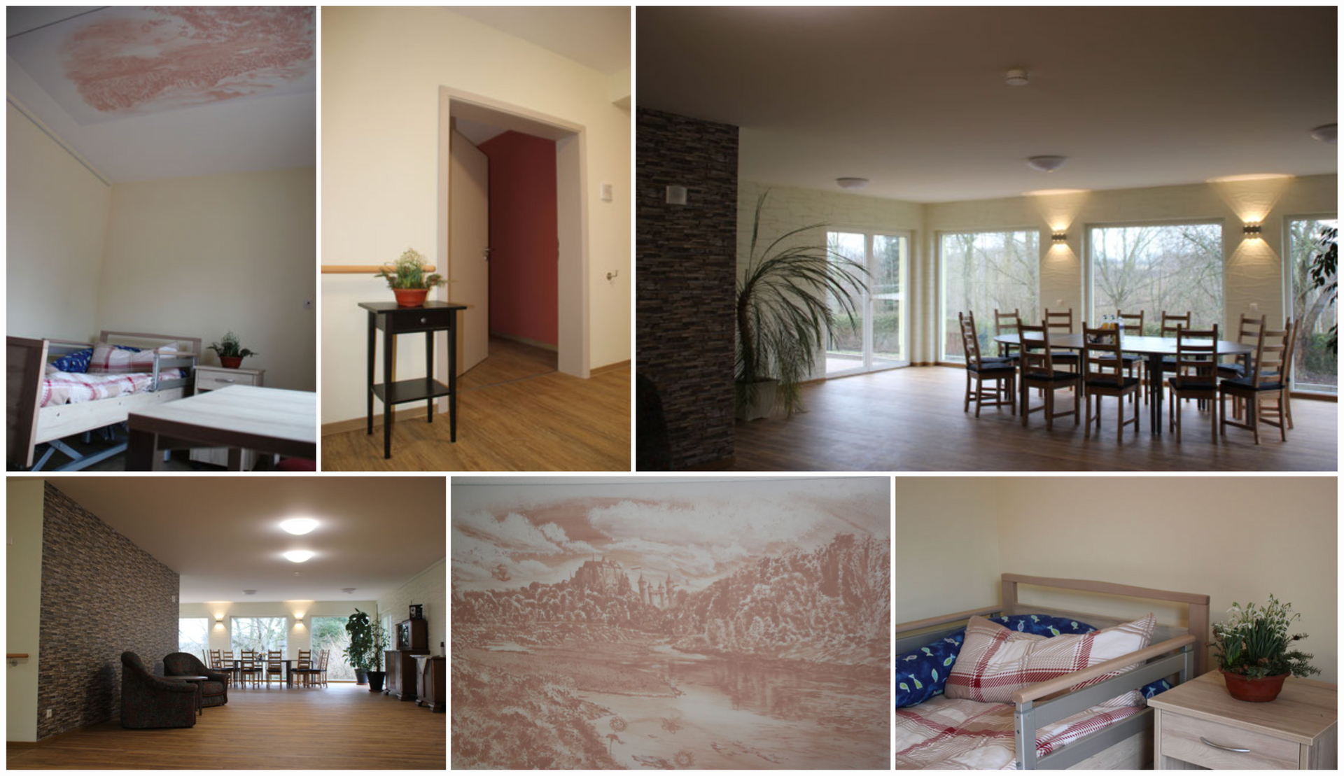 Eine Collage zeigt Schlafzimmer mit Wandmalereien, einen Flur und einen geräumigen Essbereich mit großen Fenstern im Hospiz.