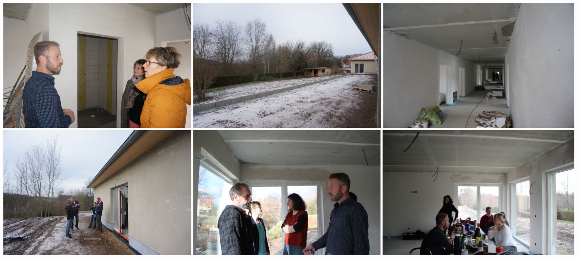 Eine Collage zeigt Menschen bei einer Besichtigung des im Bau befindlichen Hopsizgebäudes, darunter Innenräume+Außenansicht