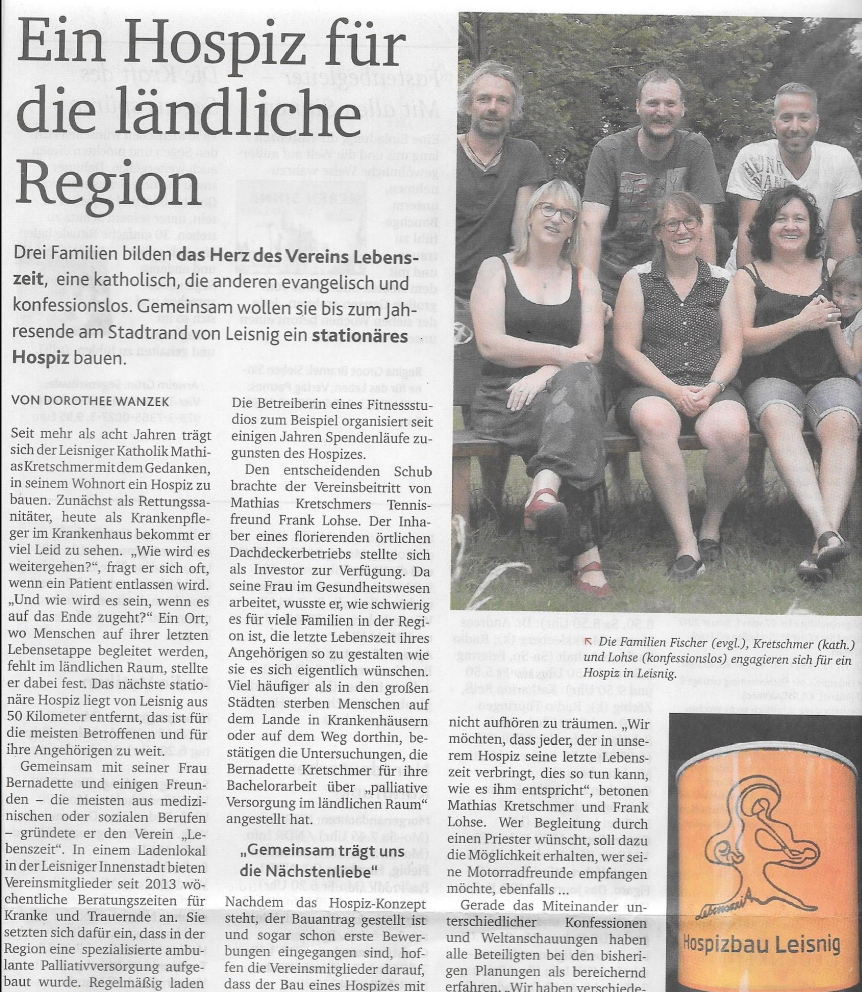 Zeitungsartikel vom Interview mit der Kirchenzeitung über Lebenszeit e.V. inklusive Foto von 6 Mitgliedern.