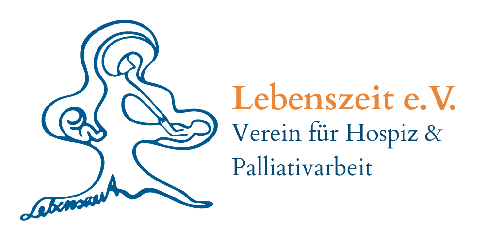 Lebenszeit e.V. Schrift und Bildlogo, Abstrakte Zeichnung eines Menschen zwischen Leben und Tod.