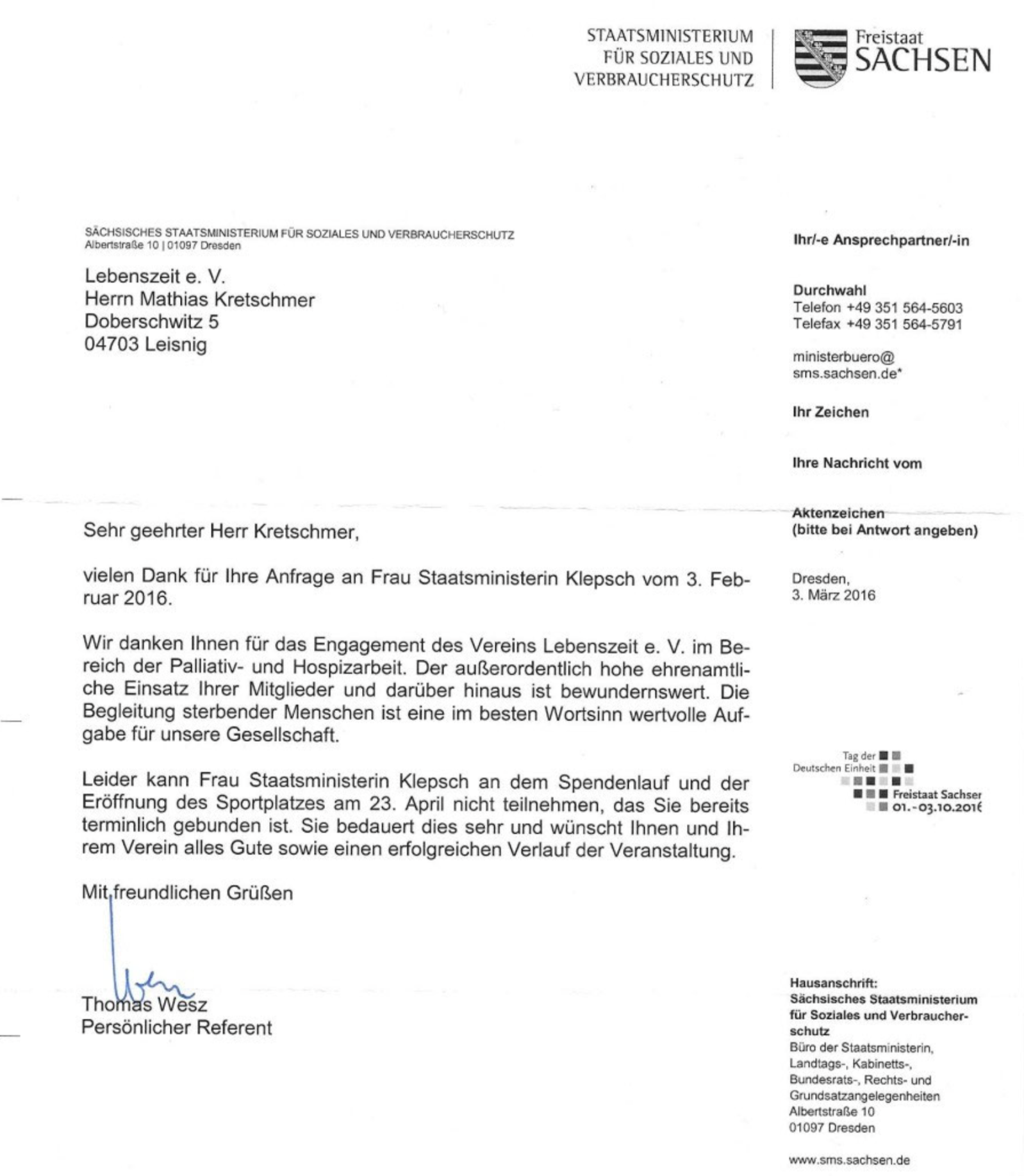 Offizielles Schreiben des Sächsischen Staatsministeriums für Soziales und Verbraucherschutz vom 7. März 2016.