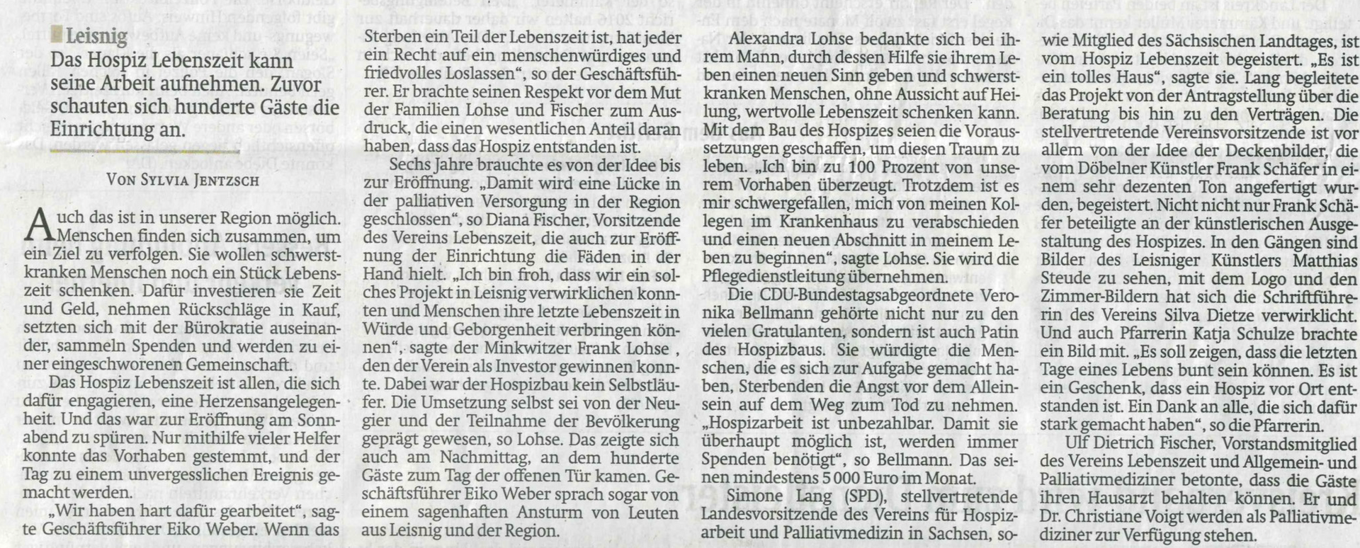 Ein Zeitungsartikel zur Eröffnung des Lebenszeit Hospiz in Leisnig.