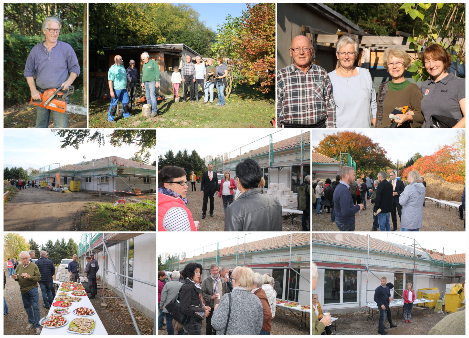 Menschen, die sich im Freien auf einer Baustelle oder Renovierungsstelle zum Richtfest mit Essen versammelt haben.