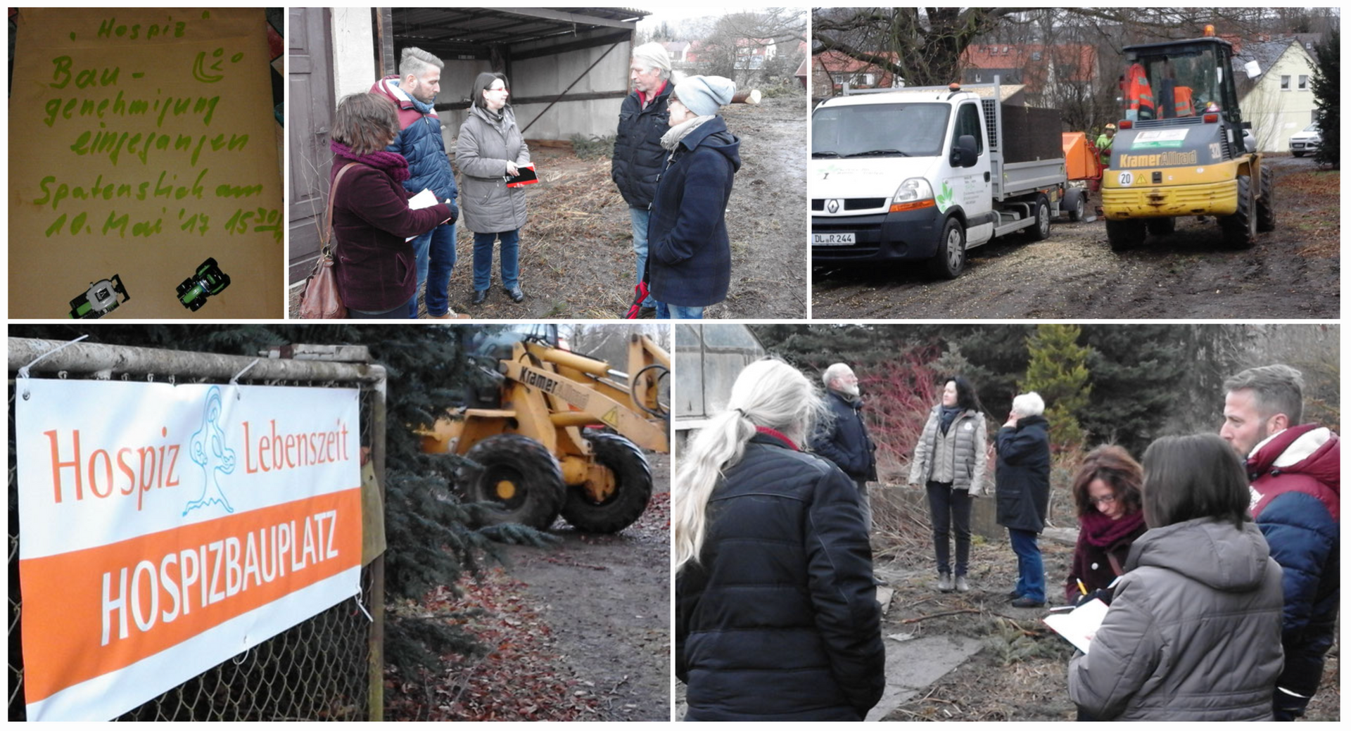 Eine Collage, die den Spatenstich für ein neues Hospiz zeigt, inklusive Baumaschinen, Teilnehmern und einem Schild.