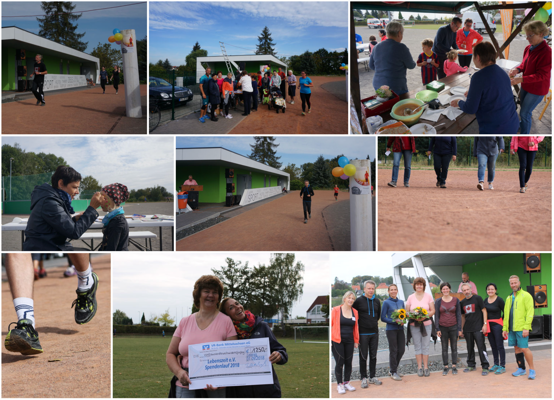 Eine Collage, die Menschen zeigt, die an einem Spendenlauf teilnehmen, sich schminken lassen und Spendenübergabe.