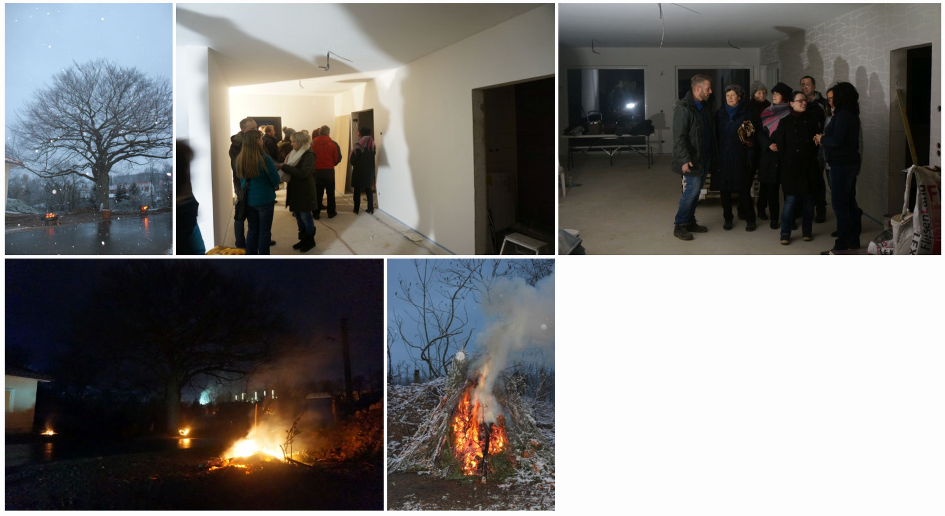 Collage von Winterfeuer Lebenszeit e.V.. Zu sehen ist ein Feuer und eine Versammlung im Rohbau des Hopsizgebäudes.