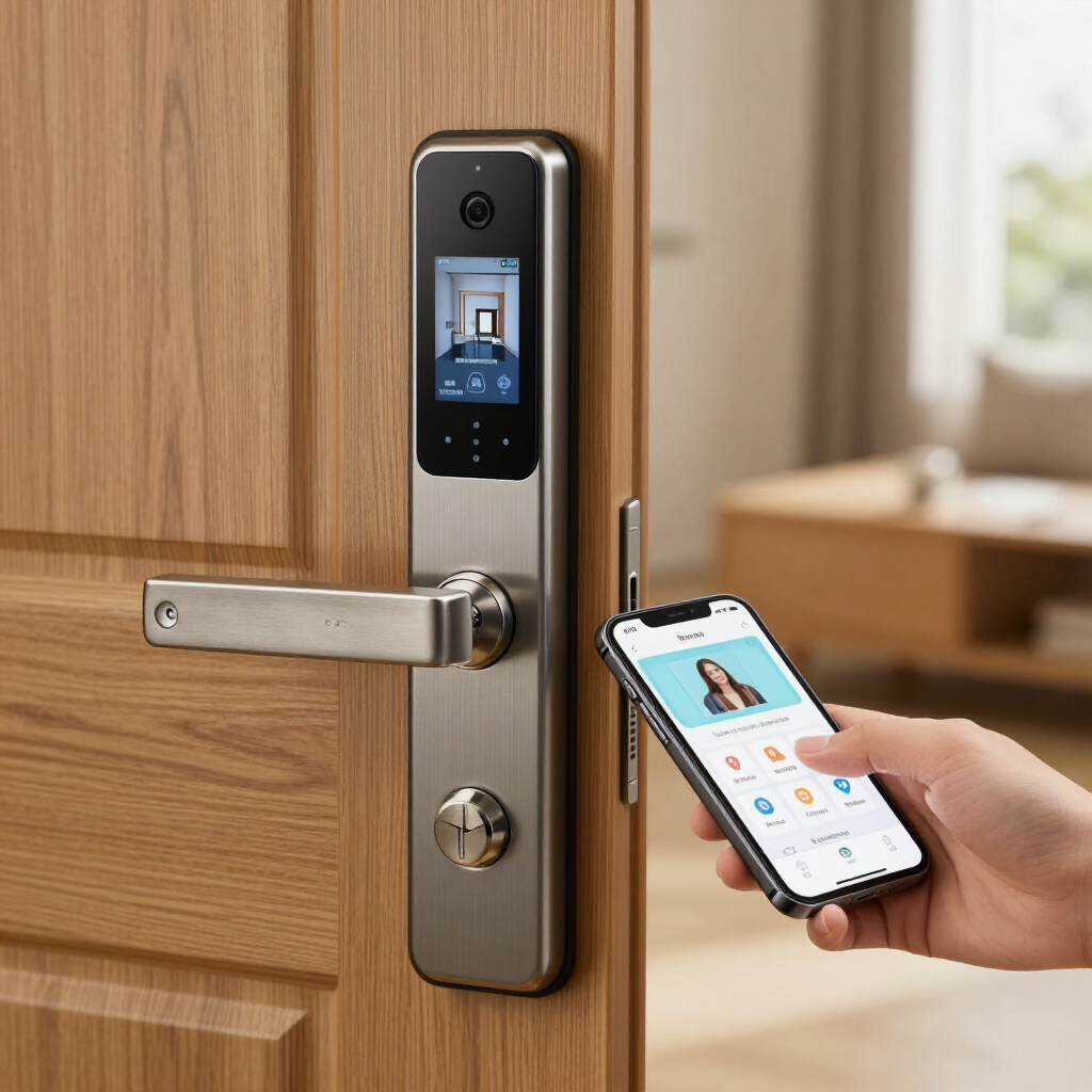 Serrure de porte intelligente avec caméra, ouverte par smartphone