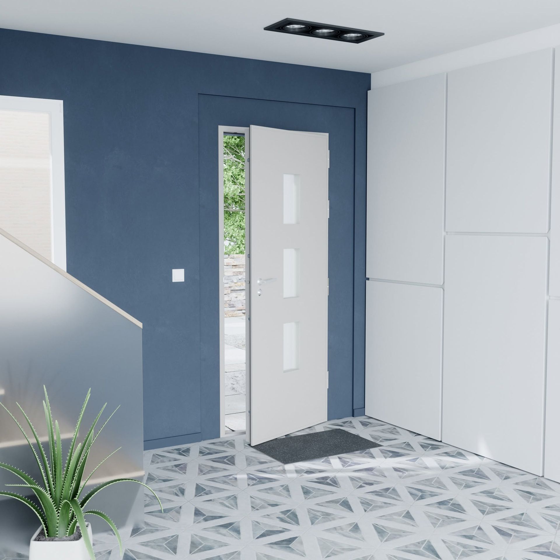 Entrée moderne avec mur bleu, porte blanche et sol carrelé à motifs