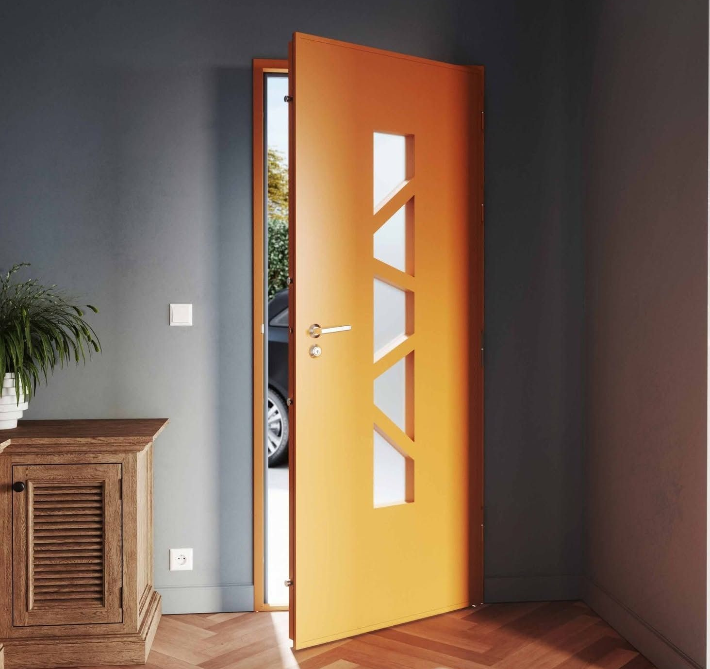Porte d'entrée orange entrouverte dans un vestibule gris.