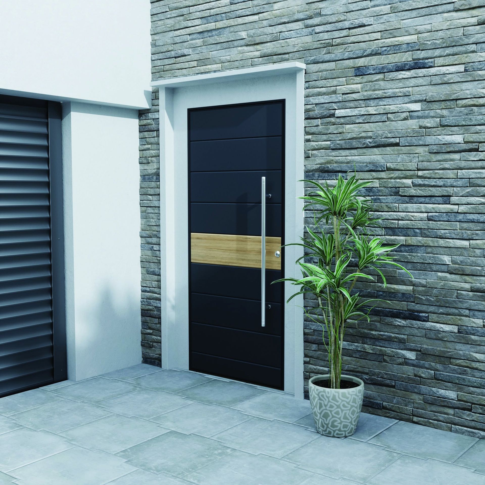 Entrée moderne avec porte noire et mur en pierre