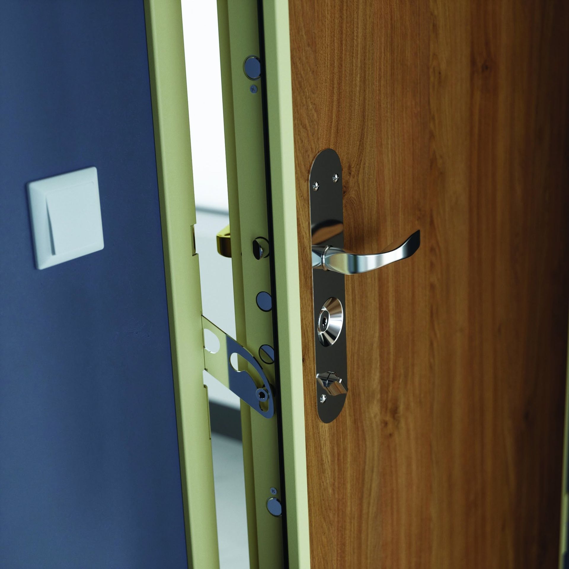 Porte en bois entrouverte avec poignée et serrure à côté d'un interrupteur