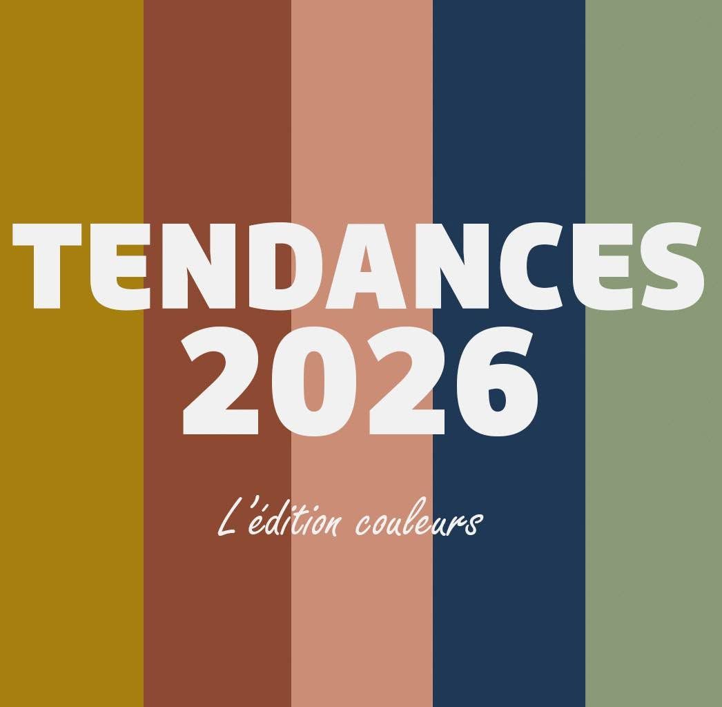 Affiche TENDANCES 2026 sur bandes verticales multicolores, avec le sous-titre L’édition couleurs