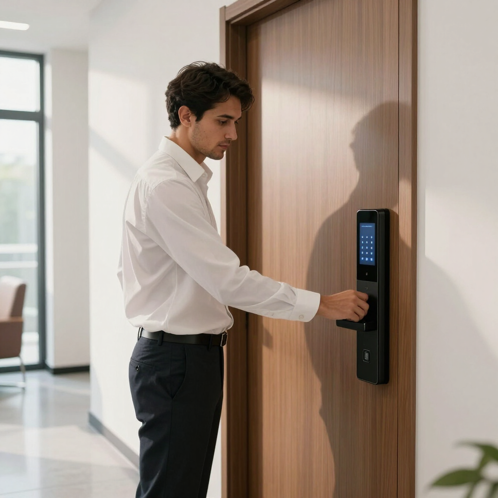 Un homme utilise une serrure à clavier sur une porte de bureau en bois