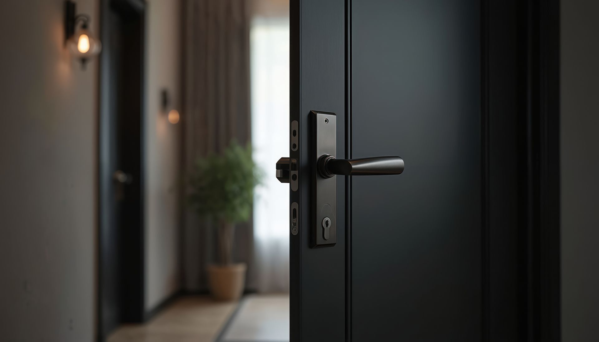 Porte noire moderne avec poignée argentée dans un couloir