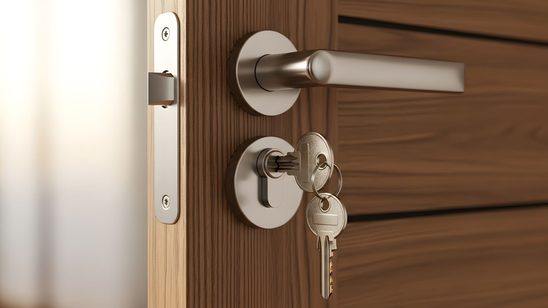 Gros plan sur une poignée de porte et sa clé dans une serrure