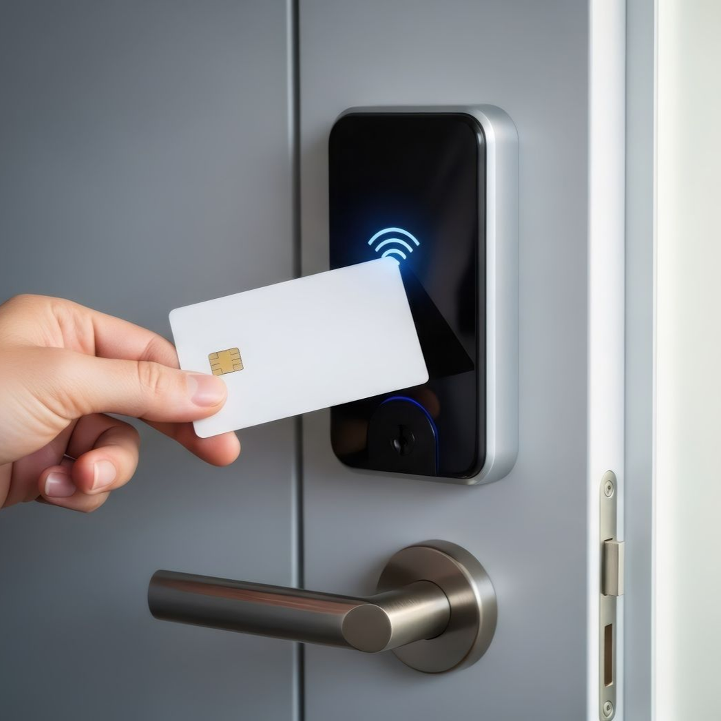 Main tenant une carte près d'une serrure de porte intelligente