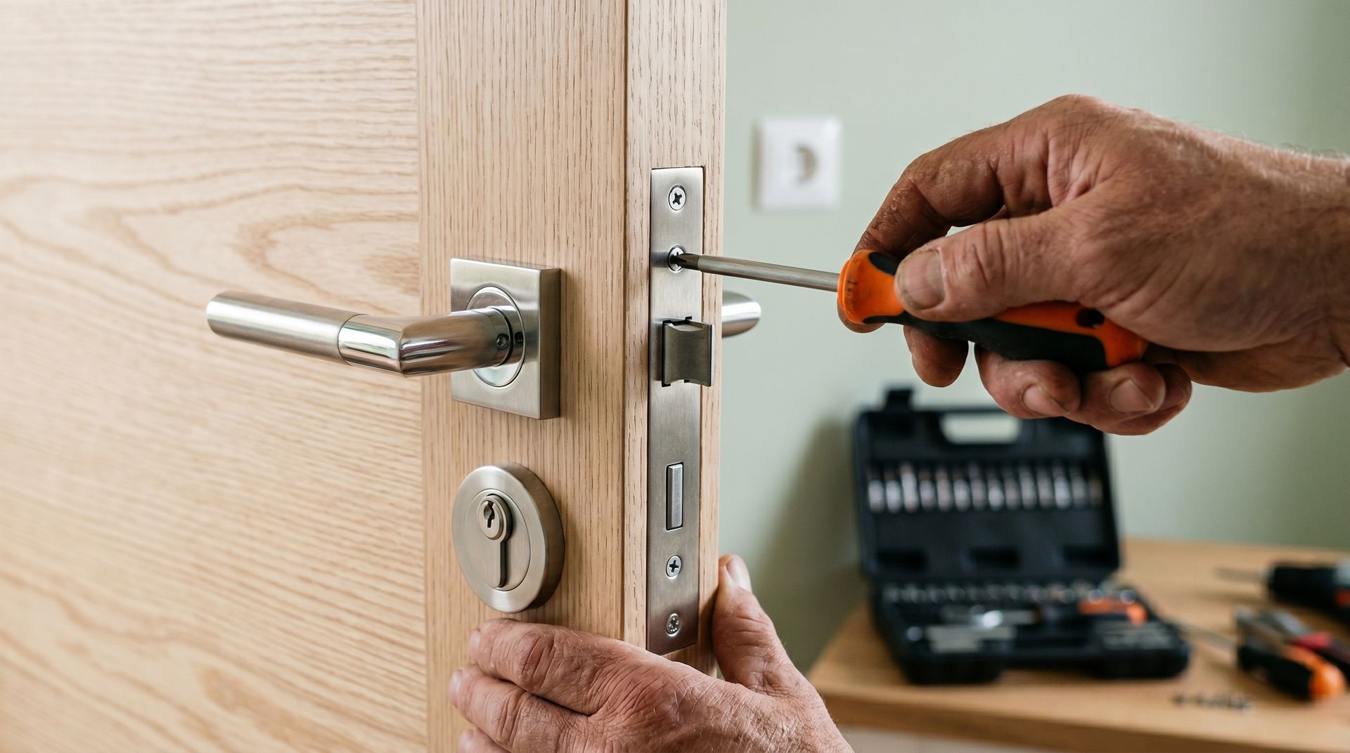 Une personne utilise un tournevis pour installer une serrure de porte