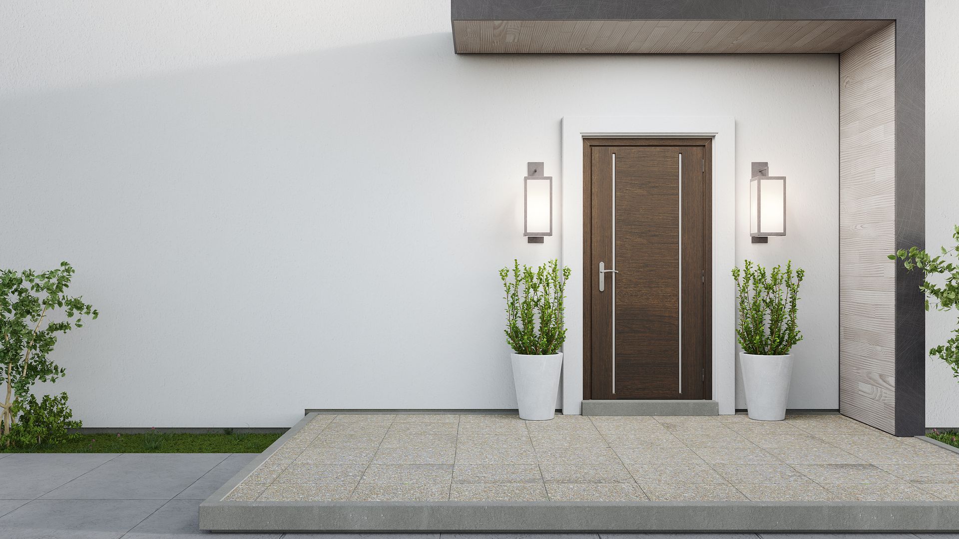 Entrée d'une maison moderne avec porte en bois, marches en pierre et plantes en pot près des appliques murales.