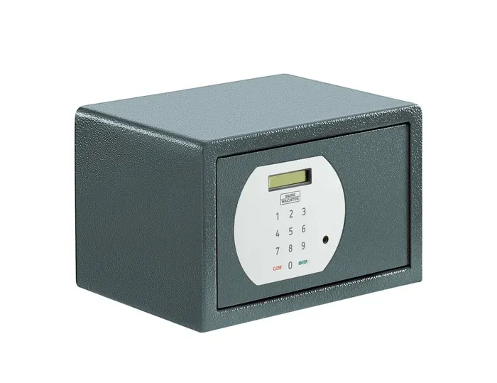 Coffre-fort gris avec clavier électronique blanc en façade