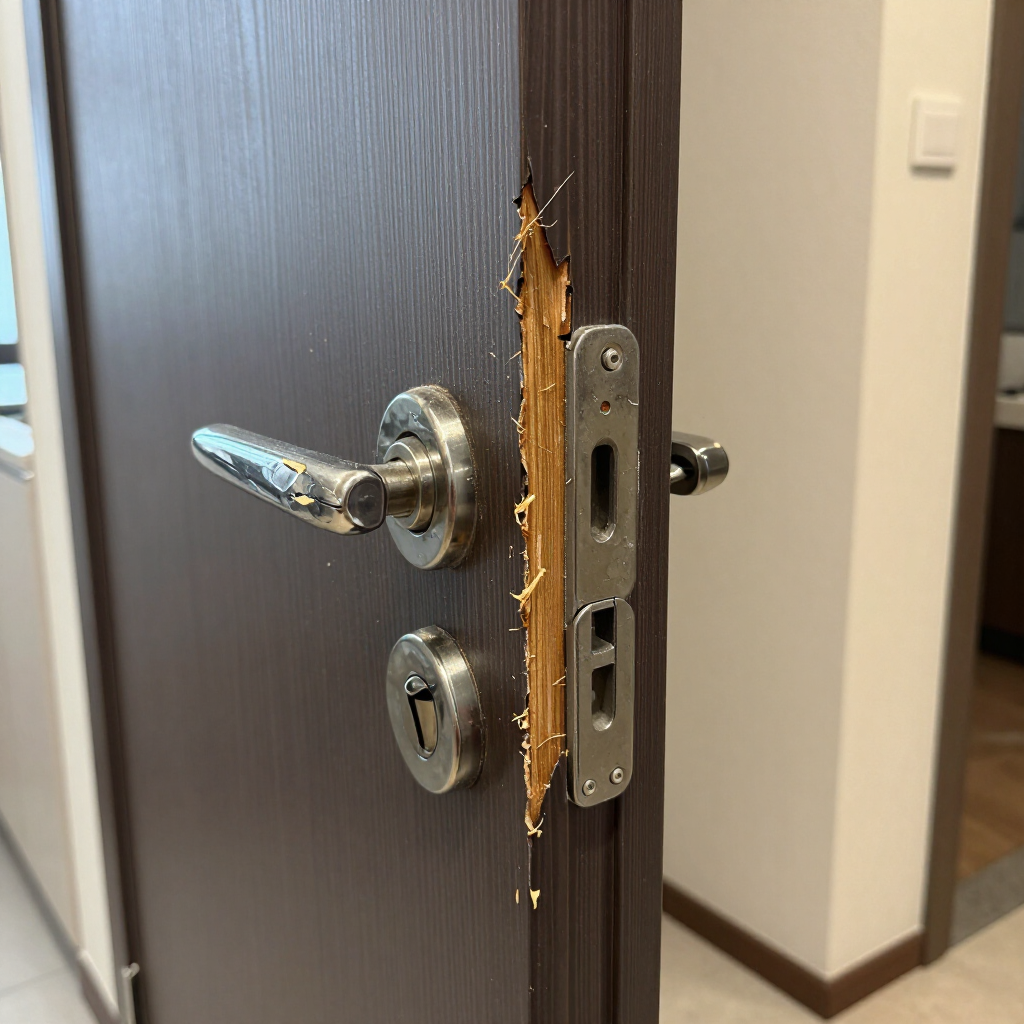 Serrure et gâche endommagées sur une porte avec des éclats de bois apparents