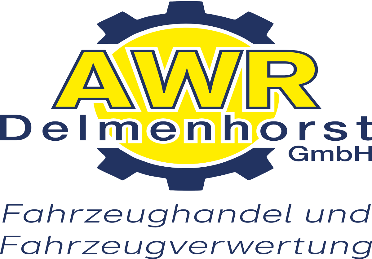 AWR Delmenhorst GmbH-Logo mit blauem Zahnrad und gelbem Schriftzug für Fahrzeughandel und Recycling