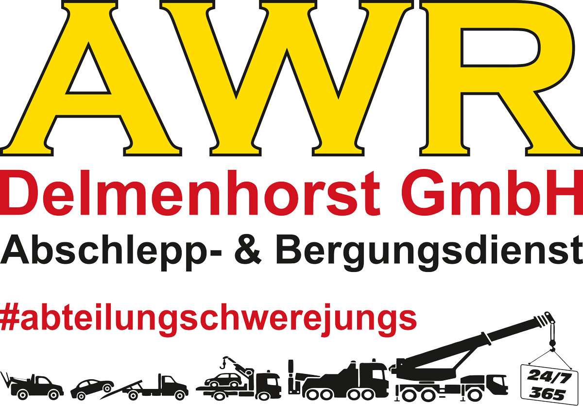 Logo für den Abschleppdienst AWR Delmenhorst GmbH mit Abschleppwagen, Kran und 24/7-Symbol