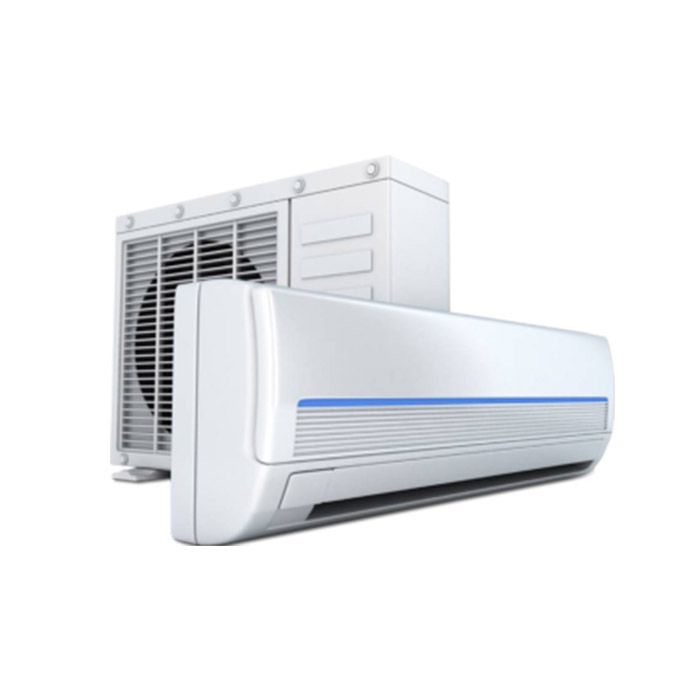 Unidad de aire acondicionado split color blanco; componentes interiores y exteriores.