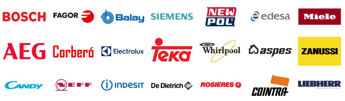 Logotipos de marcas de electrodomésticos, incluidas Bosch, AEG, Siemens, Whirlpool y Zanussi.
