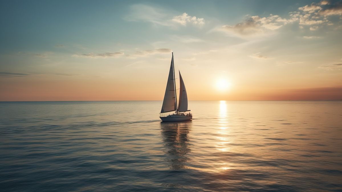 Bei Sonnenuntergang schwimmt ein Segelboot auf einer großen Wassermasse.