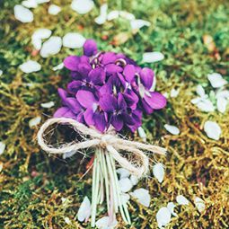Ein Strauß lila Blumen, mit einer Schnur auf dem Boden zusammengebunden.
