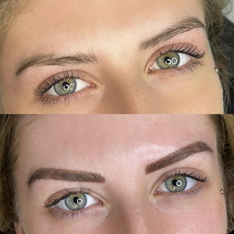Una fotografía de antes y después de las cejas de una mujer.