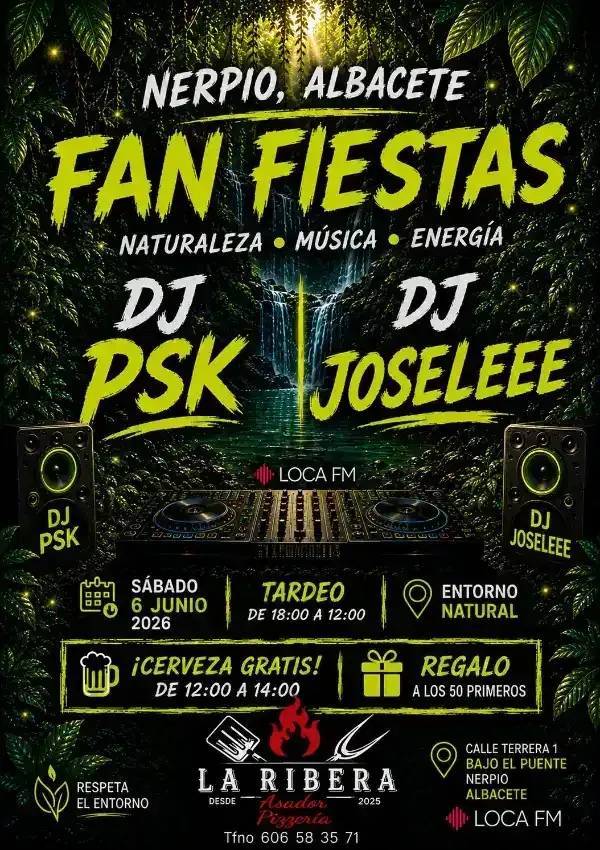 Cartel de fan fiestas en Nerpio, Albacete, con DJ Pisk y DJ Joselee, luces verdes y fondo oscuro.