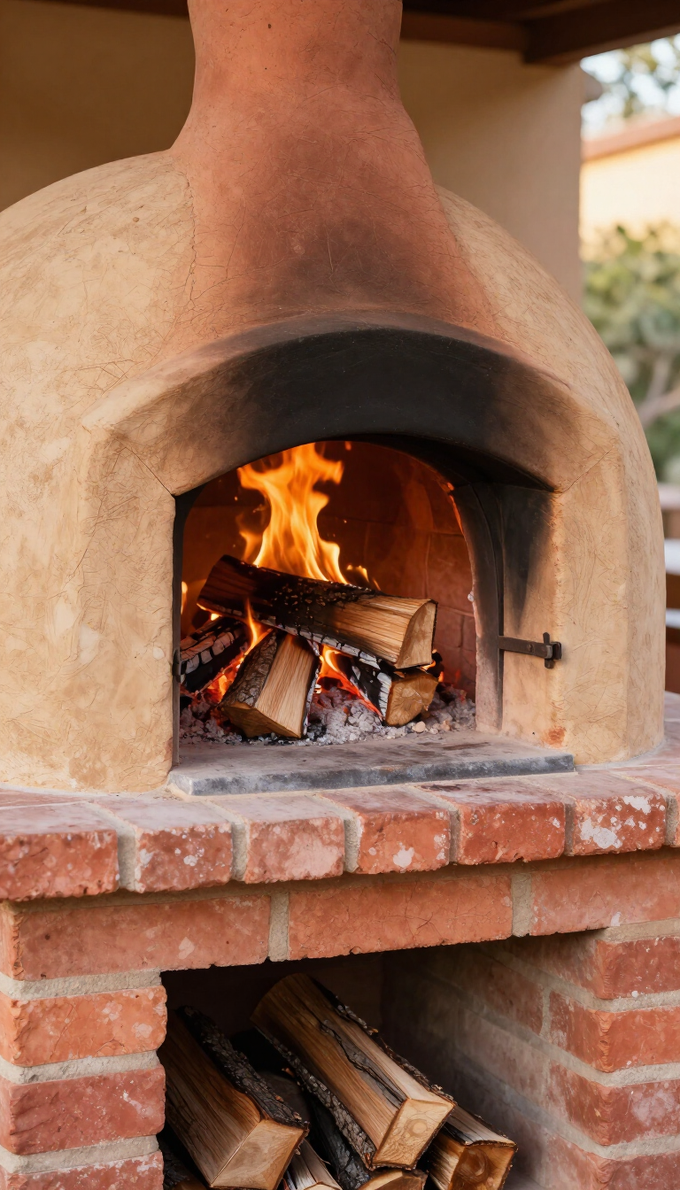 Horno de ladrillo encendido, con llamas ardiendo en su interior y leña apilada debajo.