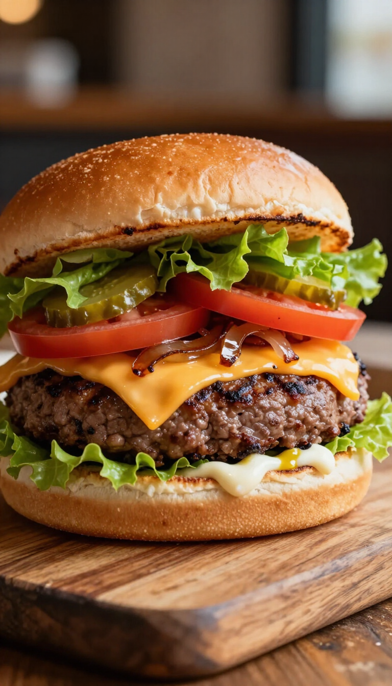 Hamburguesa con queso, lechuga, tomate, queso fundido y salsa en una tabla de madera.