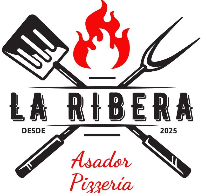 Logotipo de La Ribera Asador Pizzer&iacute;a con esp&aacute;tula, llama, tenedor y cuchillo en negro, rojo y blanco.