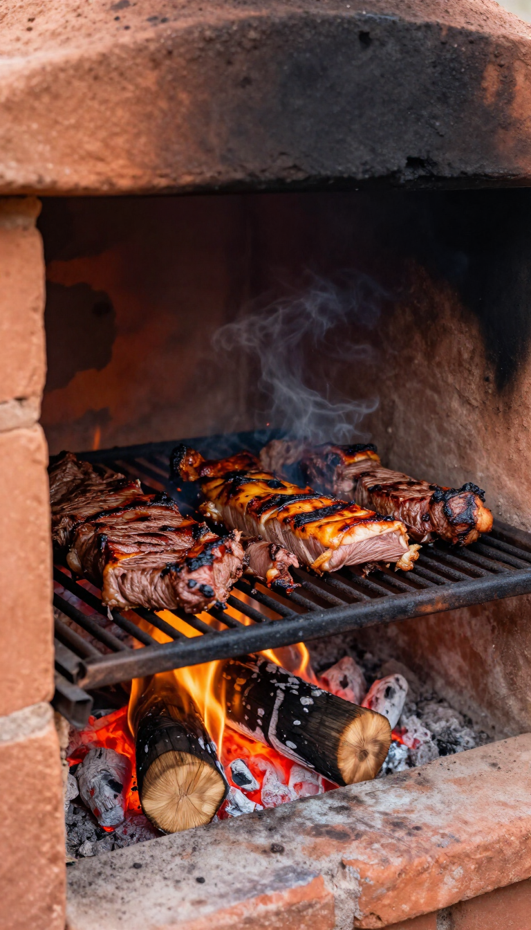 Asar carne a la parrilla sobre fuego de leña dentro de un horno de barbacoa rústico de ladrillo.