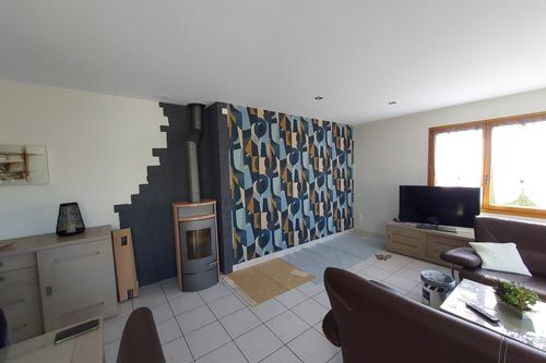 Revêtement mural, papier peint graphique, bleu et ocre