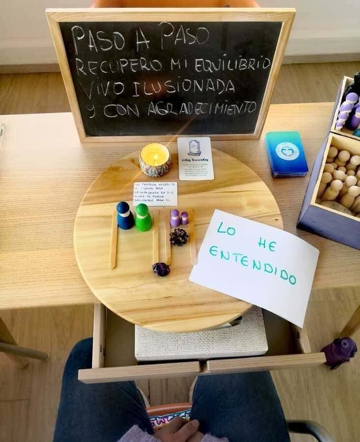 Mesa de madera con objetos para una recuperación “paso a paso”: pizarra, velas, figuras y una nota que dice “Entendí”.